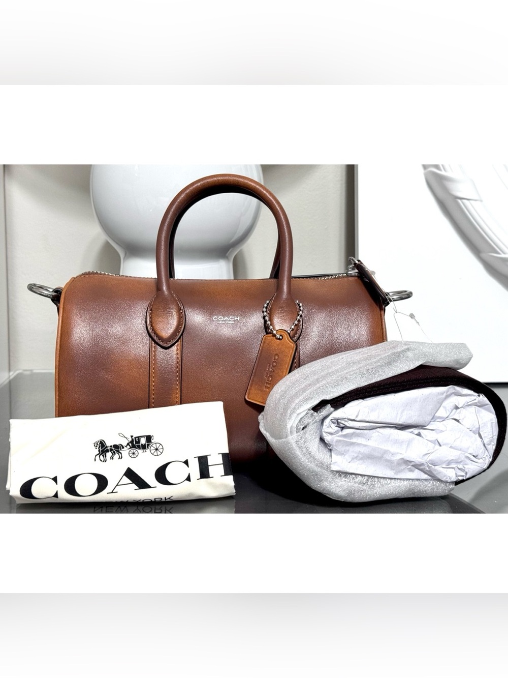 COACH Compass Bag 25 In Loved Leather, SADDLE/BURNT SIENNA - Picture 2 of 10